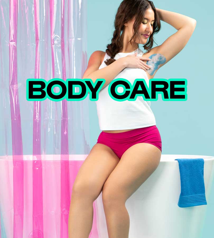 A woman sits on a bathtub applying a blue product to her underarm with the text 'BODY CARE'.