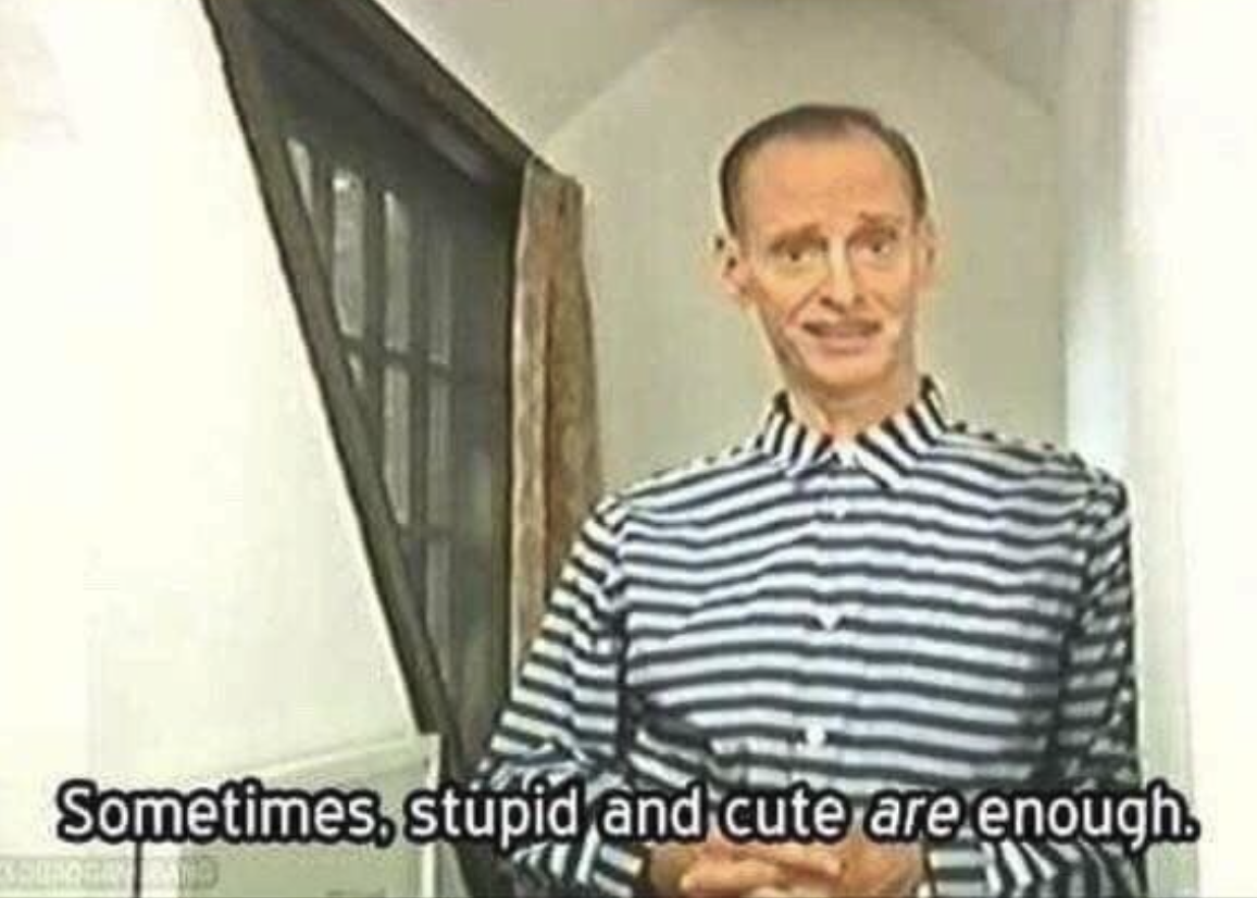 A man in a striped shirt with the caption, 'Sometimes, stupid and cute are enough.'