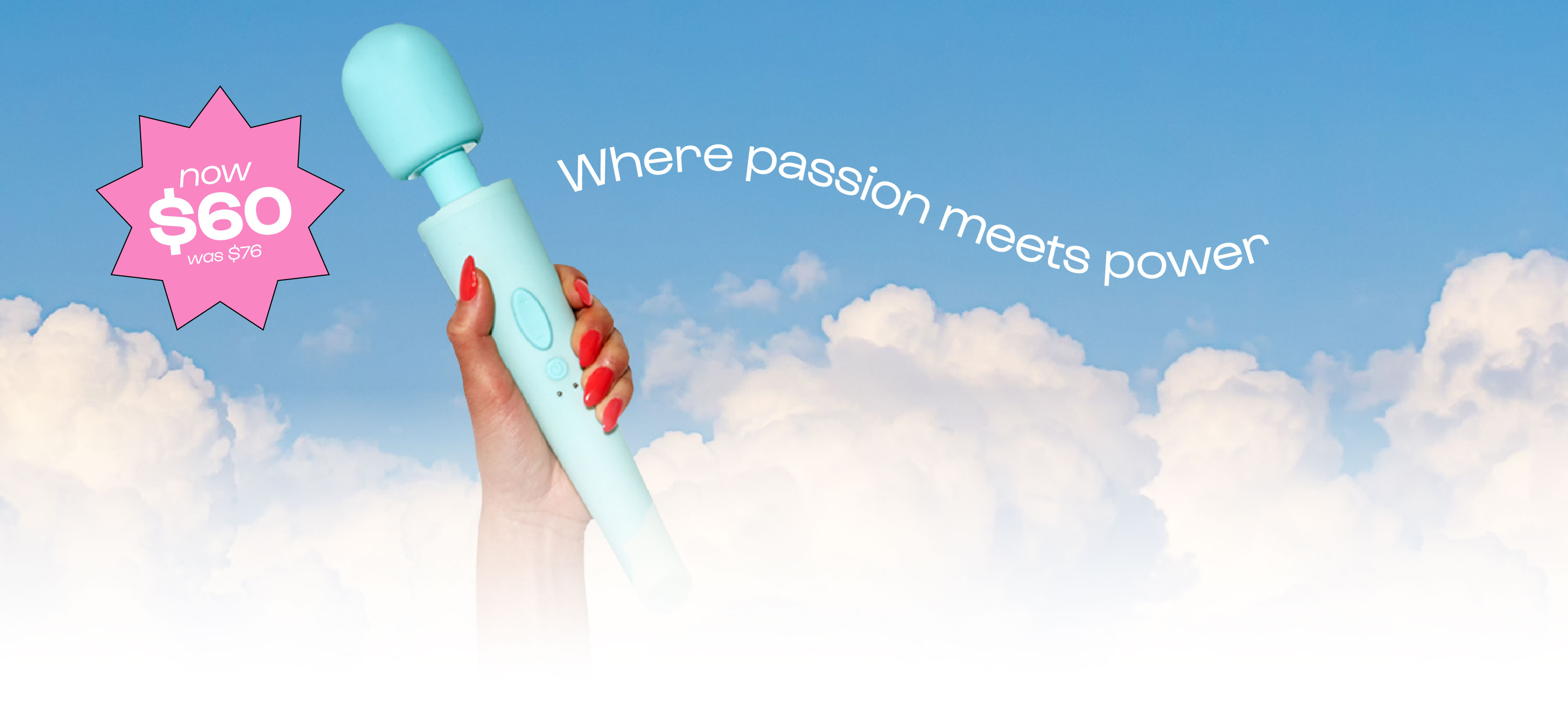 A hand holds a light blue personal massager against a sky background with a sale sticker.