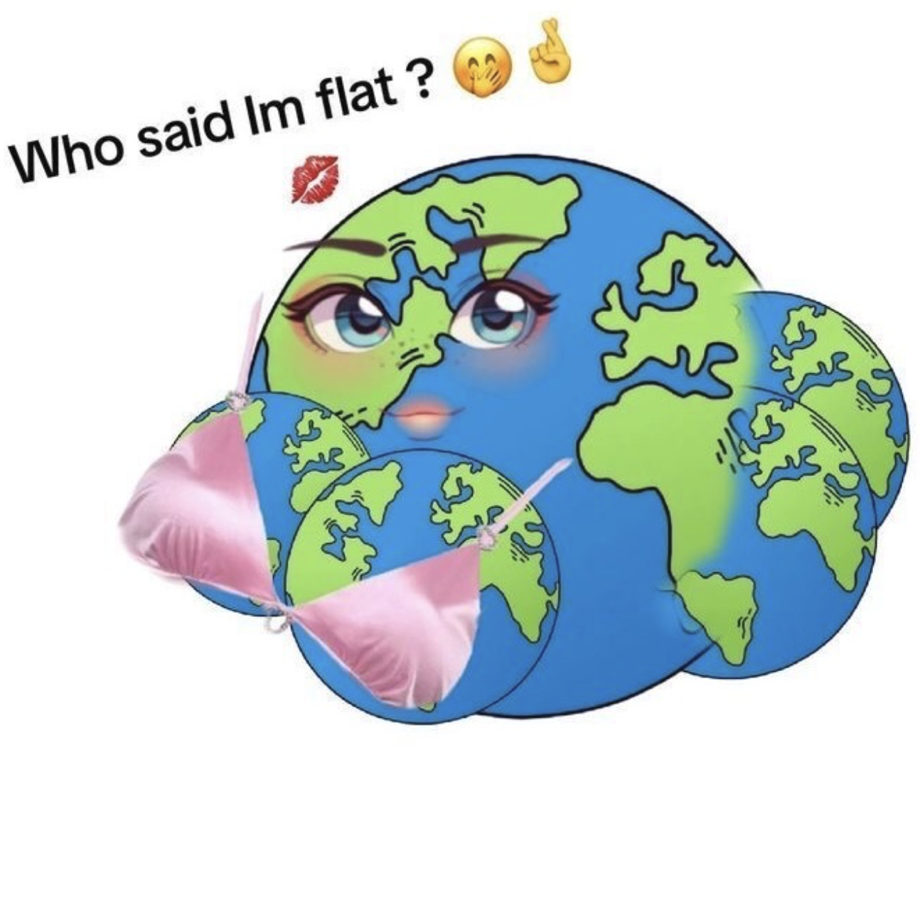 A cartoon drawing of the Earth with a feminine face, wearing a pink bikini top.