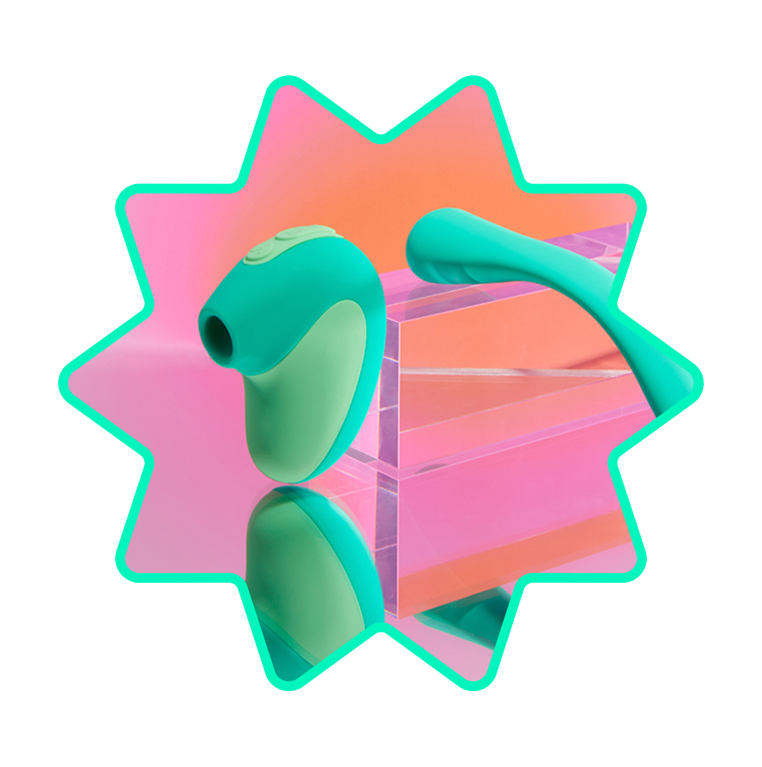 Two teal personal massagers on a reflective surface against a colorful background, framed in a star shape.