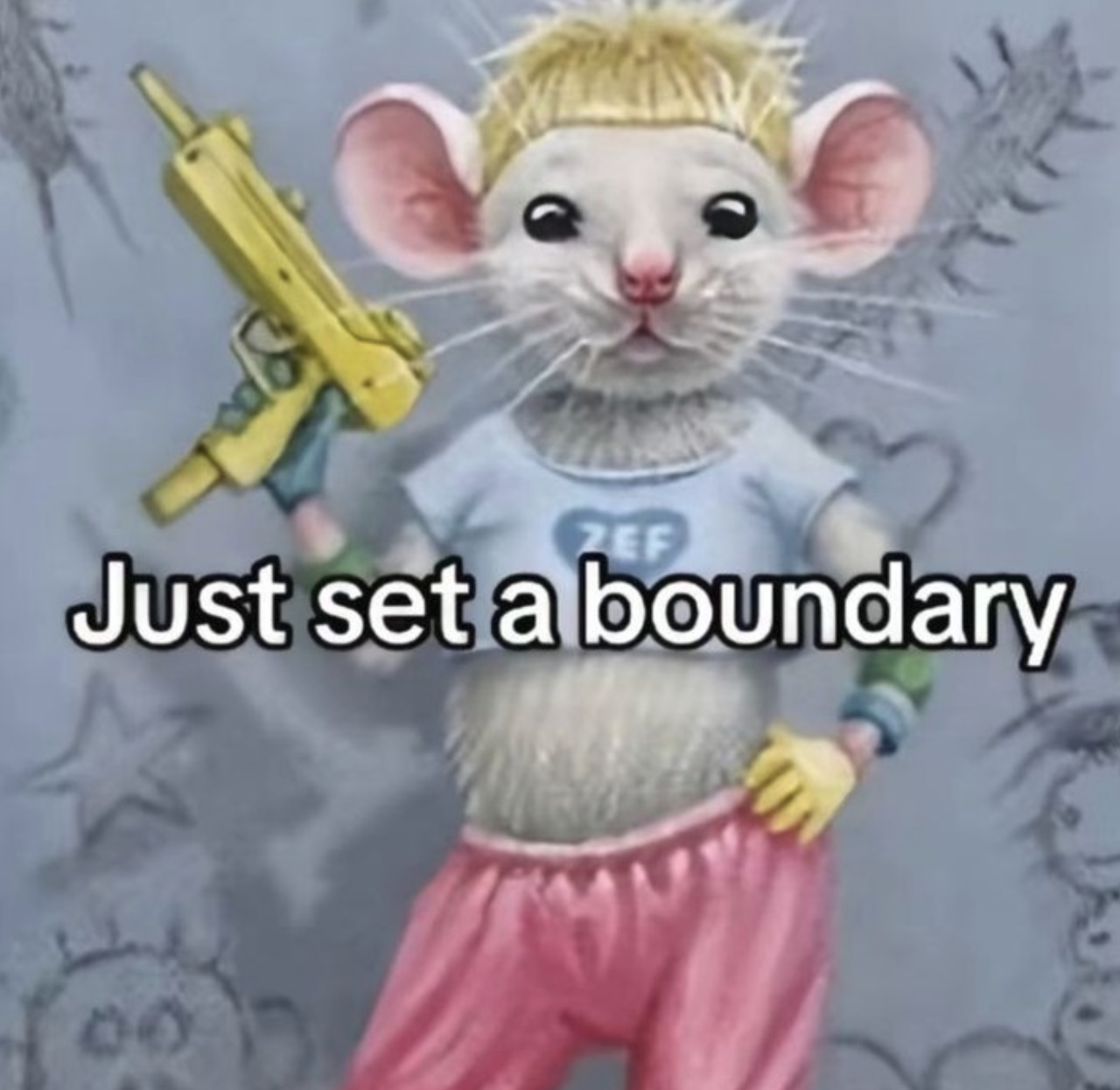An illustration of a mouse with blonde hair holding a yellow gun, with text 'Just set a boundary'.