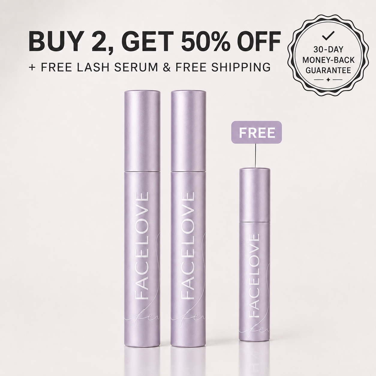 Promotional image for Facelove showing two products and one free product with text about a sale.