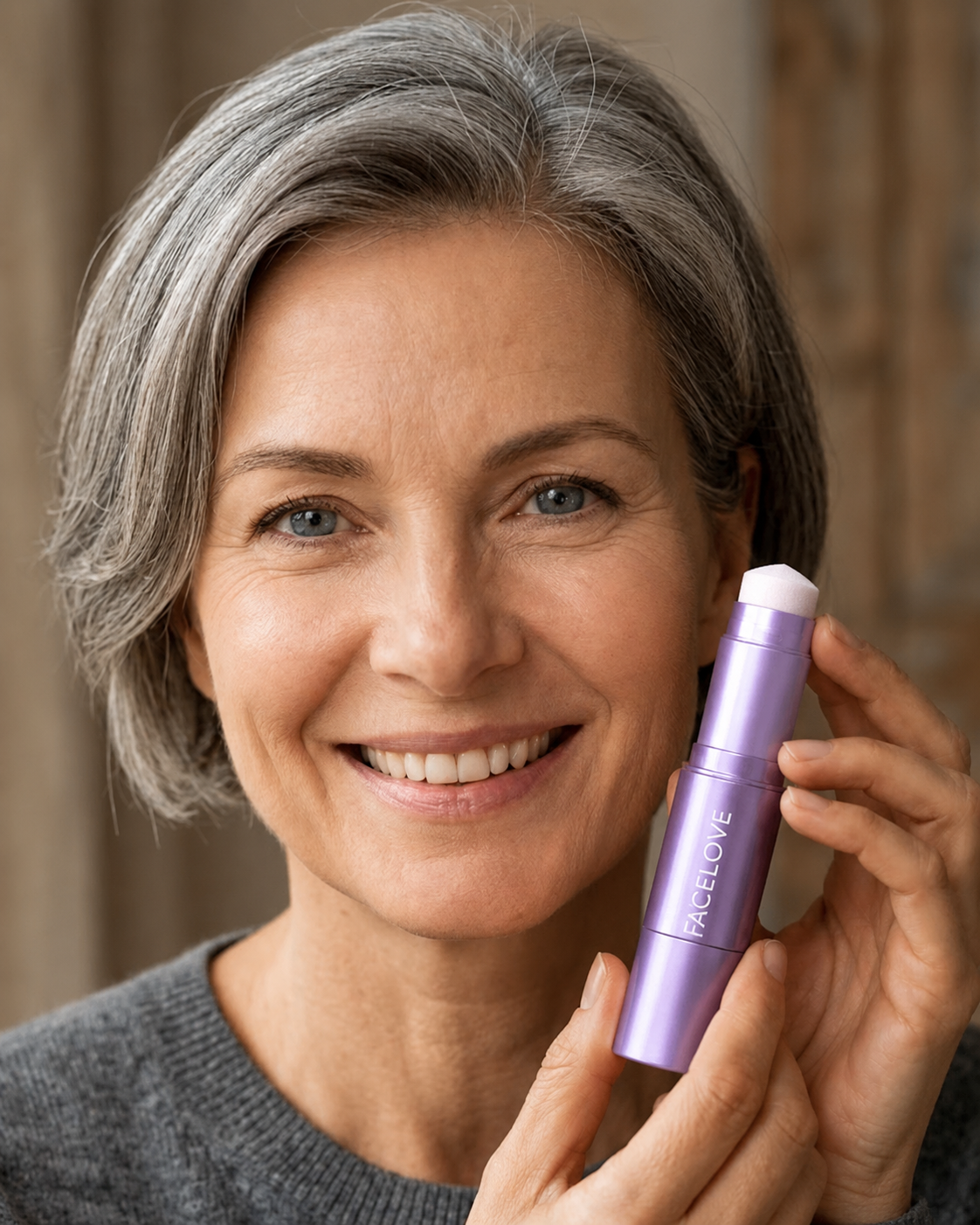 A smiling woman with grey hair holds a purple cosmetic stick with the word 'FACELOVE' on it.