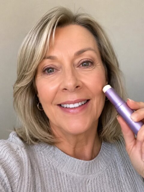 A smiling woman with blonde hair applies a product from a purple stick to her cheek.