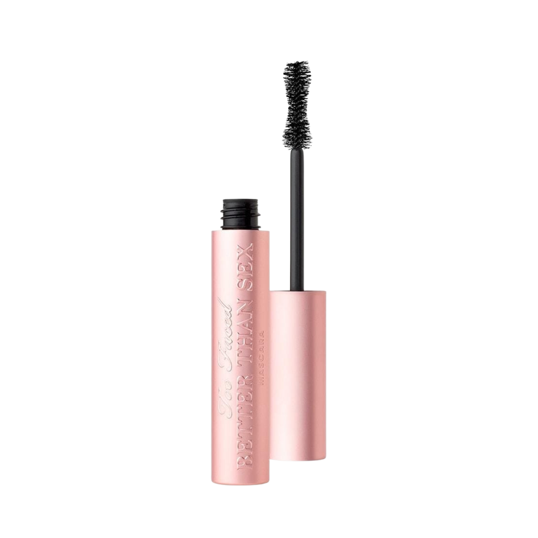 An open tube of Too Faced Better Than Sex mascara with the applicator wand resting on the tube.