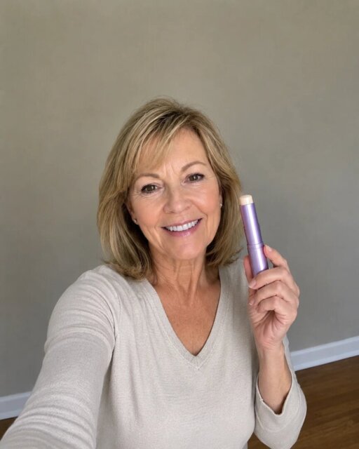 A smiling woman with blonde hair holds up a purple stick of makeup in front of a plain wall.
