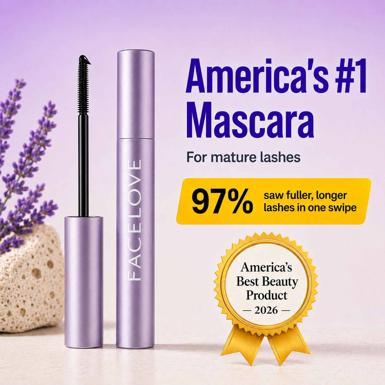 An advertisement for Facelove mascara, showing the product tube next to lavender and an award seal.