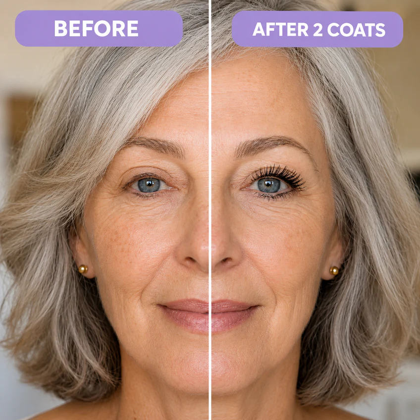 A split-screen image showing a woman's eye before and after applying two coats of mascara.
