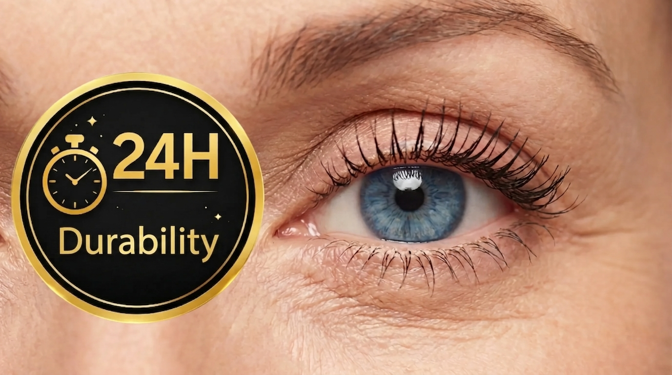 A close-up of a blue eye with a black and gold badge that reads '24H Durability'.