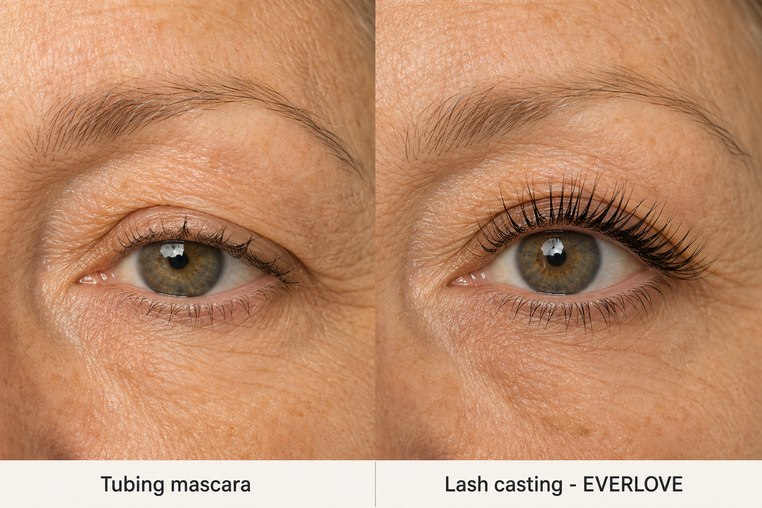 A before-and-after close-up of an eye, showing the effect of tubing mascara versus lash casting.