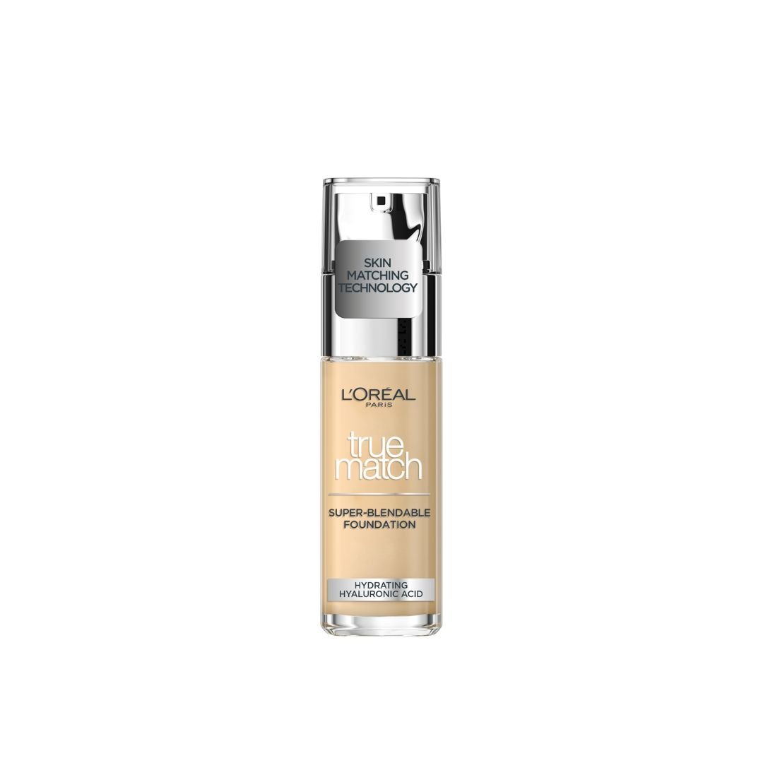 A bottle of L'Oréal Paris True Match Super-Blendable Foundation on a white background.