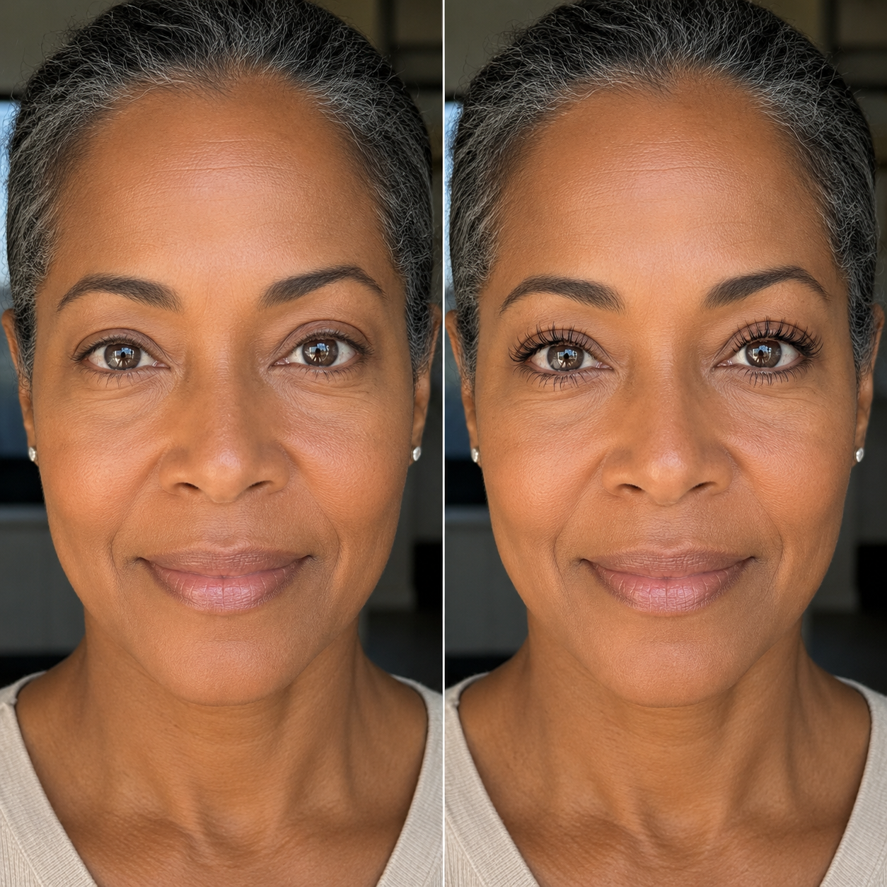A before and after image showing a woman's face, with mascara applied in the second photo.