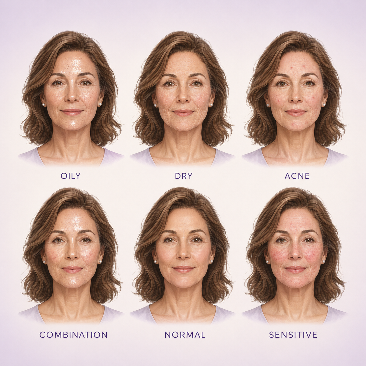 Six illustrations of a woman's face showing different skin types: oily, dry, acne, combination, normal, and sensitive.