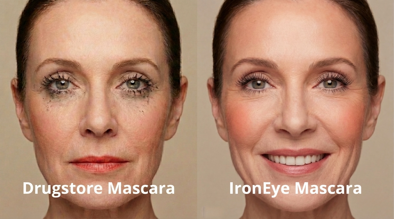 A side-by-side comparison of a woman's face, one with smeared mascara and the other with neat mascara.