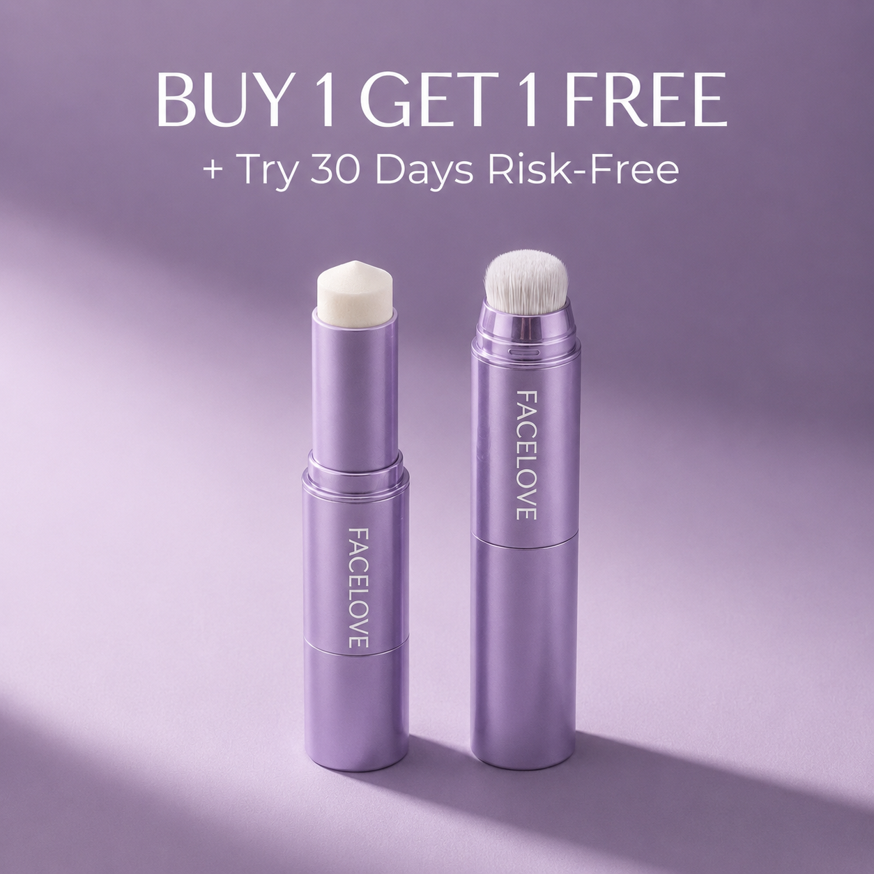 An advertisement for Facelove cosmetic sticks showing a 'Buy 1 Get 1 Free' offer on a purple background.
