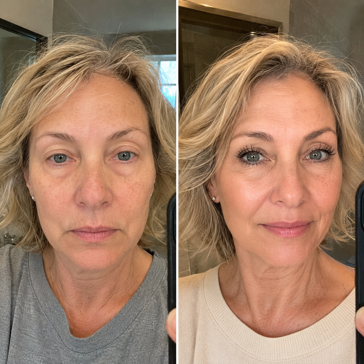 A side-by-side comparison of a woman's face before and after applying makeup.