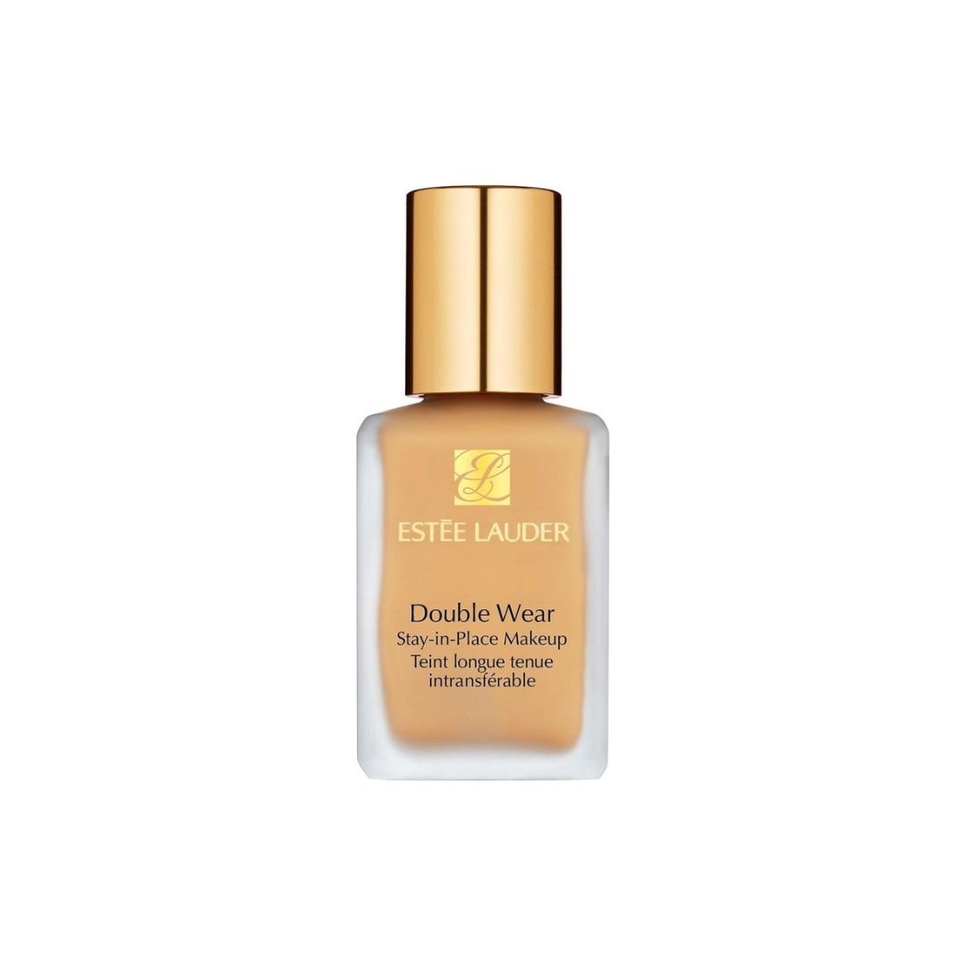 A rectangular frosted glass bottle of Estée Lauder Double Wear foundation with a gold cap on a white background.