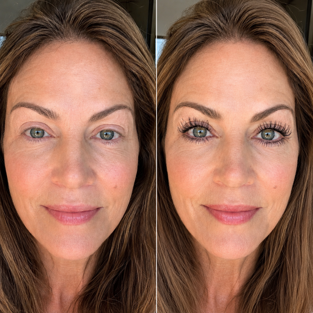 A side-by-side comparison of a woman's face, showing the before and after effect of applying false eyelashes.