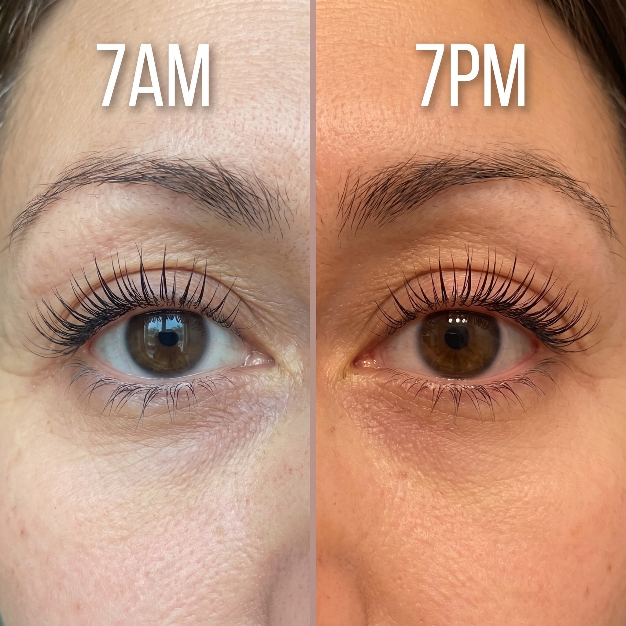 A split-screen close-up of a woman's eye, comparing its appearance with curled lashes at 7 AM and 7 PM.