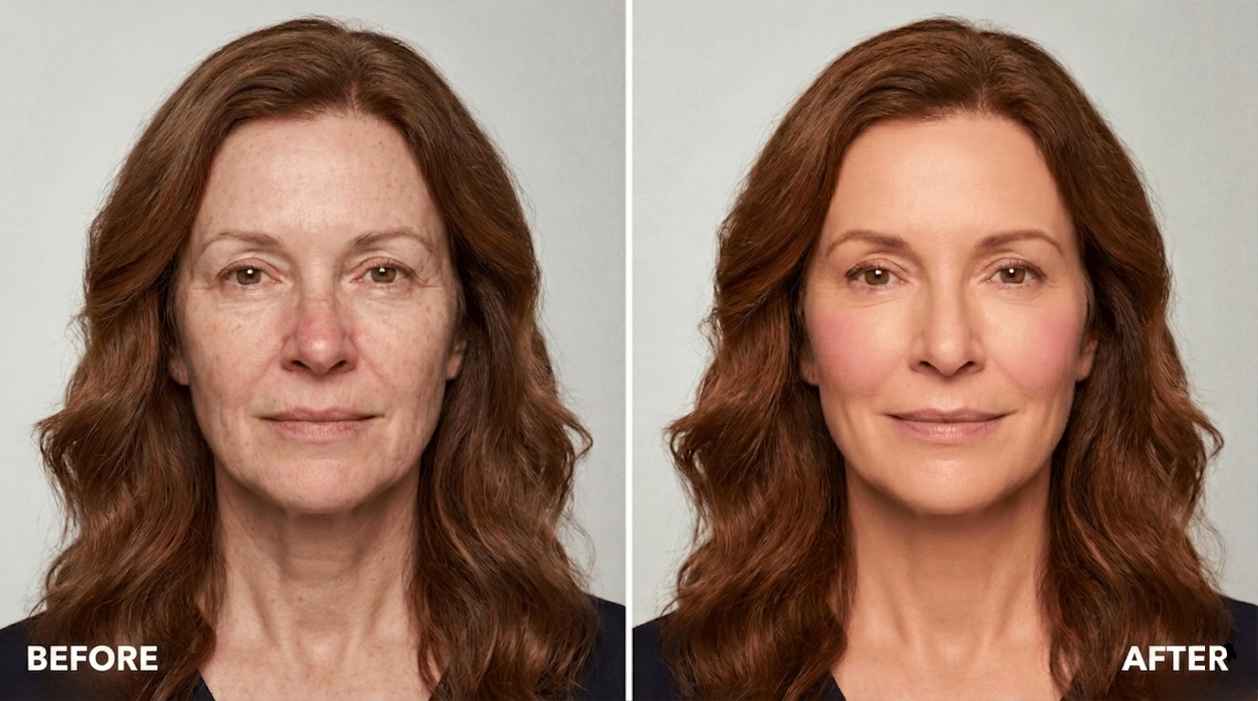 Before and after headshots of a middle-aged woman, showing a reduction in wrinkles and improved skin tone.