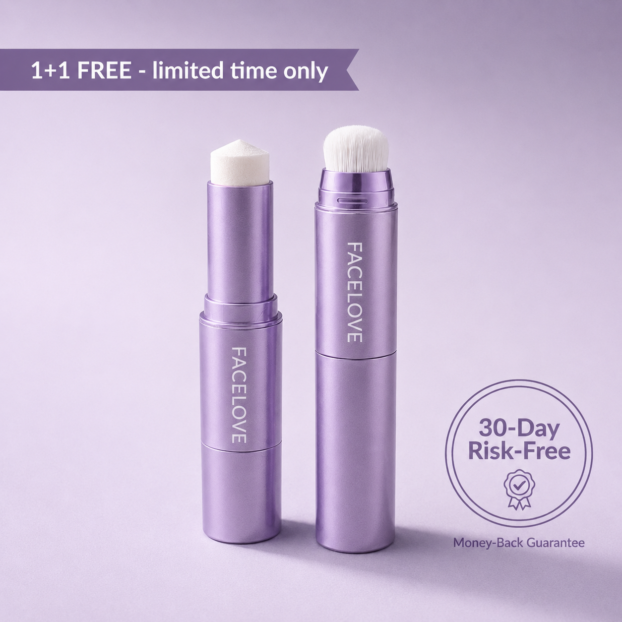 Two purple 'Facelove' makeup tubes, one a stick applicator and the other a brush, on a purple background.