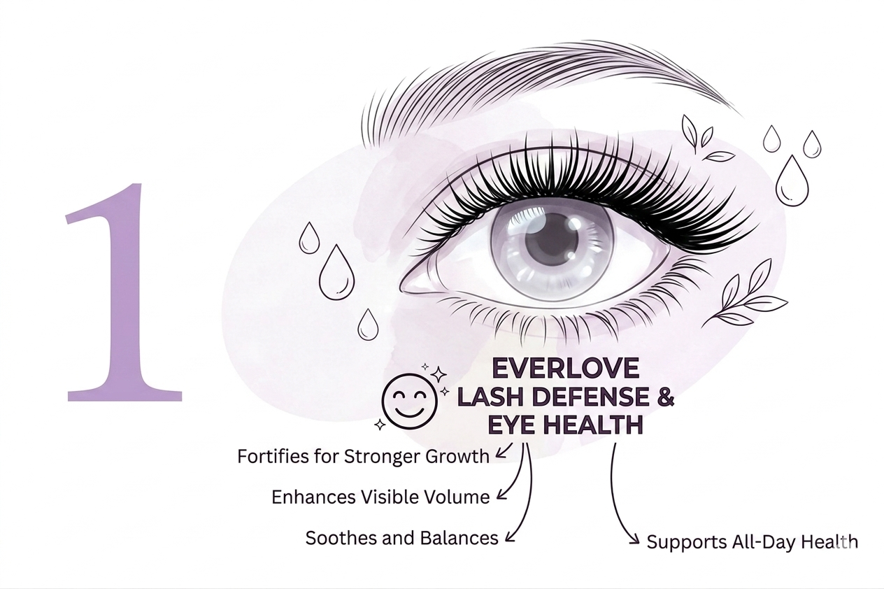 Infographic showing an illustrated eye with text outlining the benefits of Everlove Lash Defense & Eye Health.