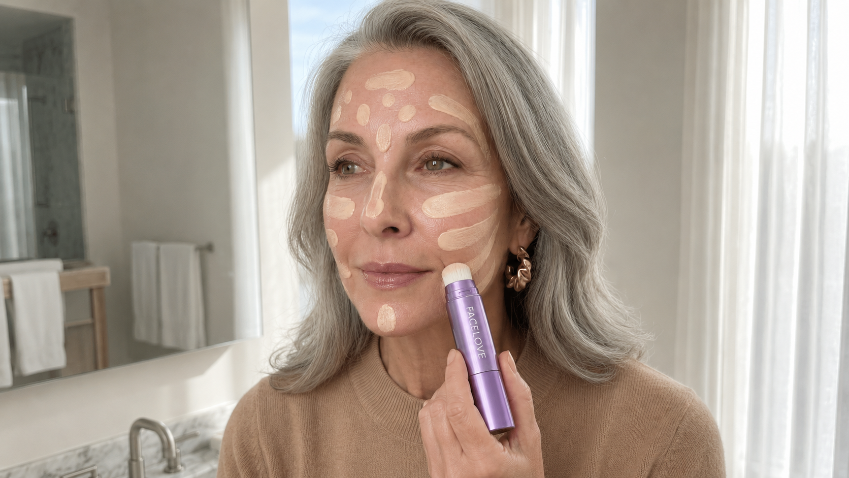 A woman with grey hair applies foundation to her face using a purple makeup stick in a bathroom.