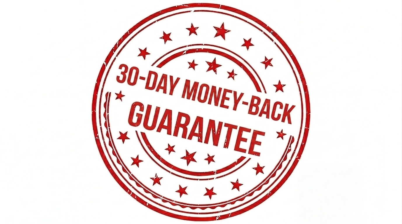 A red circular stamp graphic that reads '30-Day Money-Back Guarantee' surrounded by stars.