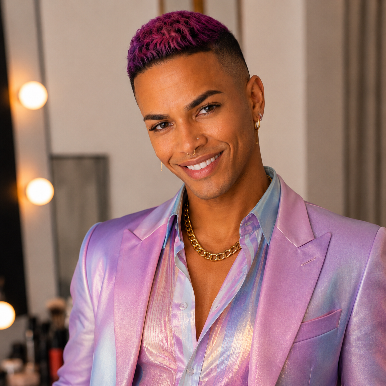 A smiling person with short purple hair wearing an iridescent purple suit and a gold chain.