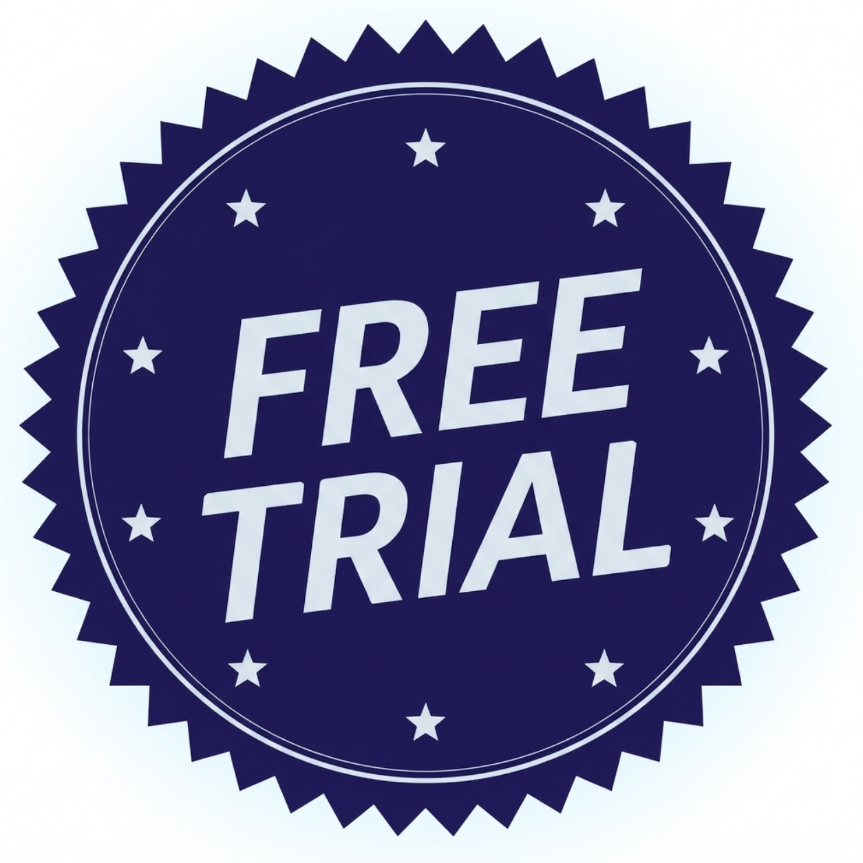 A dark blue, circular badge with a serrated edge that says 'FREE TRIAL' in white text.