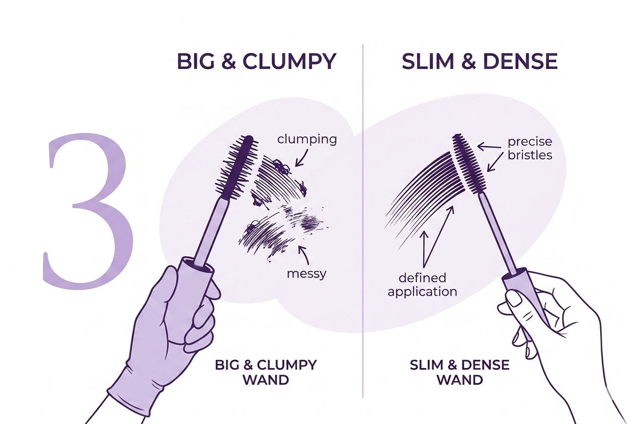 An illustration comparing a big, clumpy mascara wand with a slim, dense wand and their application results.