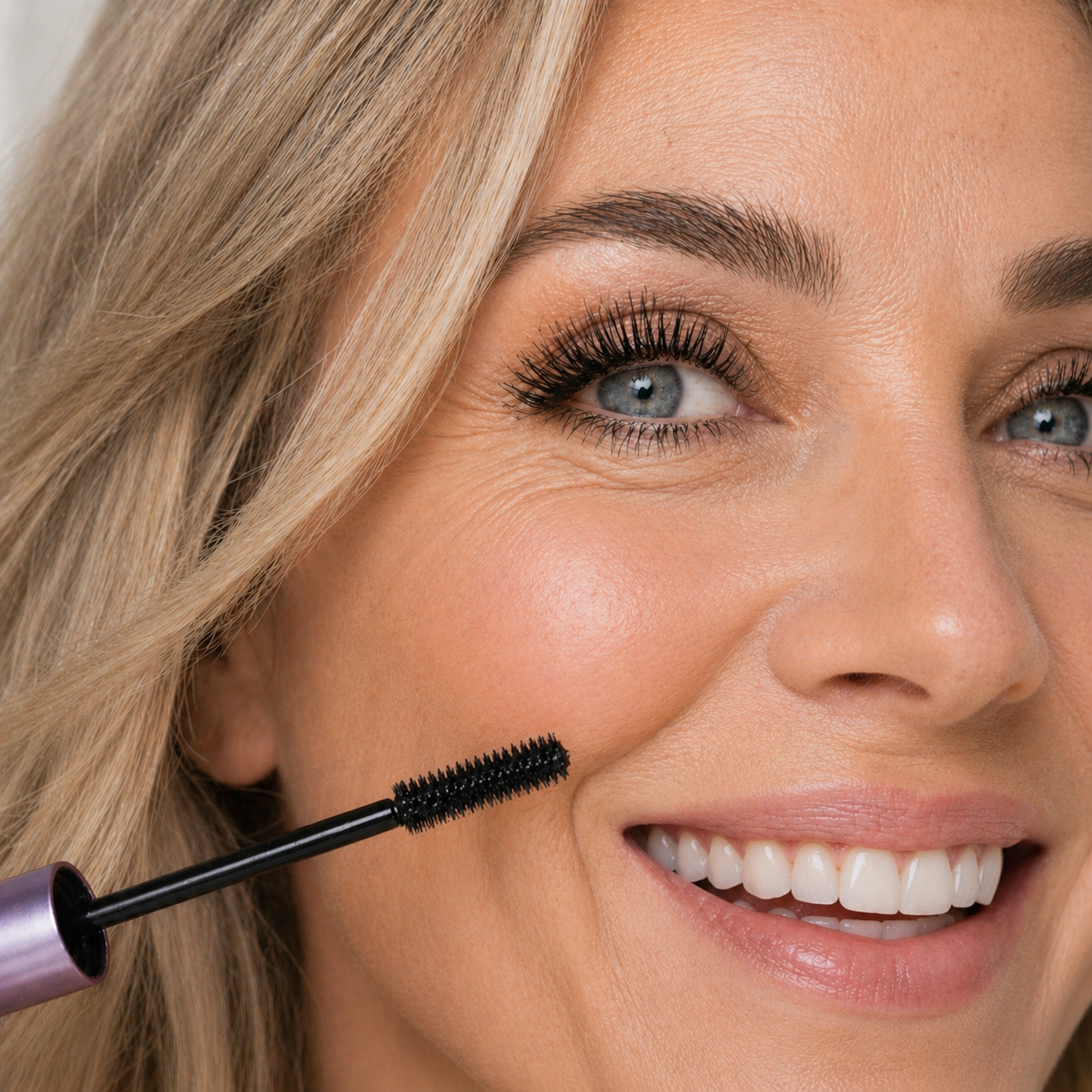 A close-up of a smiling blonde woman with blue eyes holding a mascara wand near her cheek.