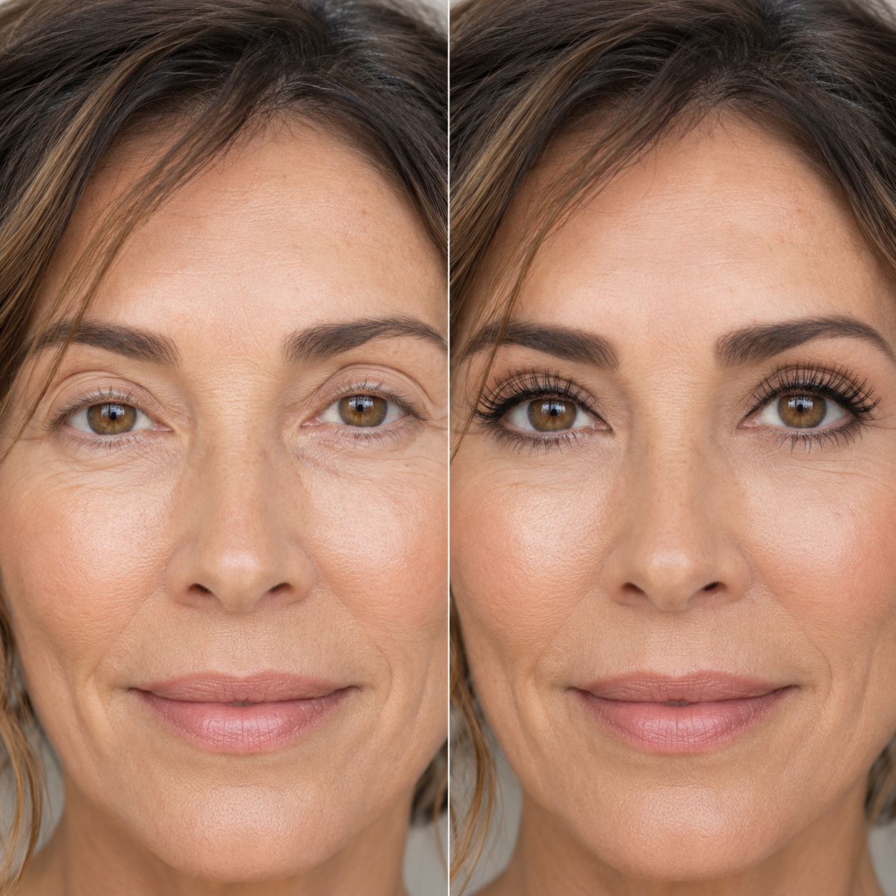 A side-by-side comparison of a woman's face before and after applying false eyelashes.