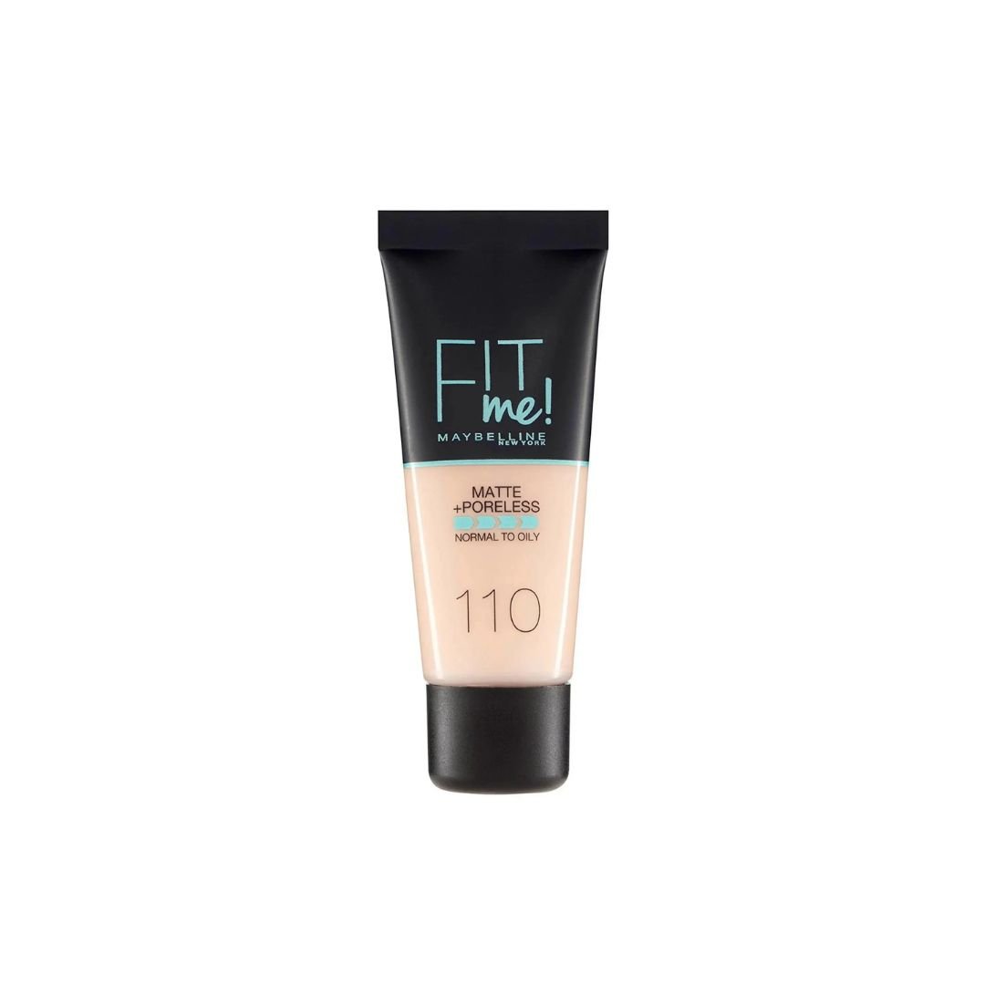 A tube of Maybelline Fit Me! Matte + Poreless foundation in shade 110 on a white background.
