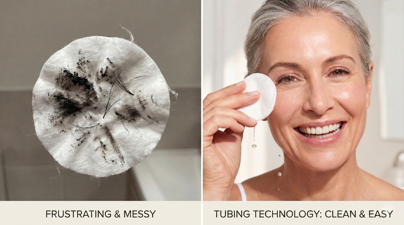 A split image shows a messy makeup pad on the left and a woman cleanly removing eye makeup on the right.
