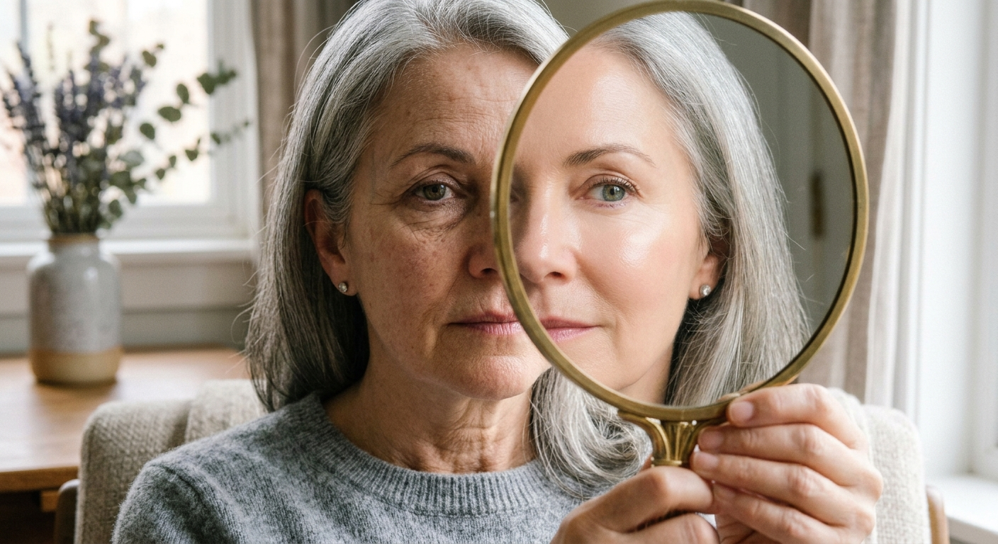 An older woman holds a mirror over her face, showing a younger reflection of herself.