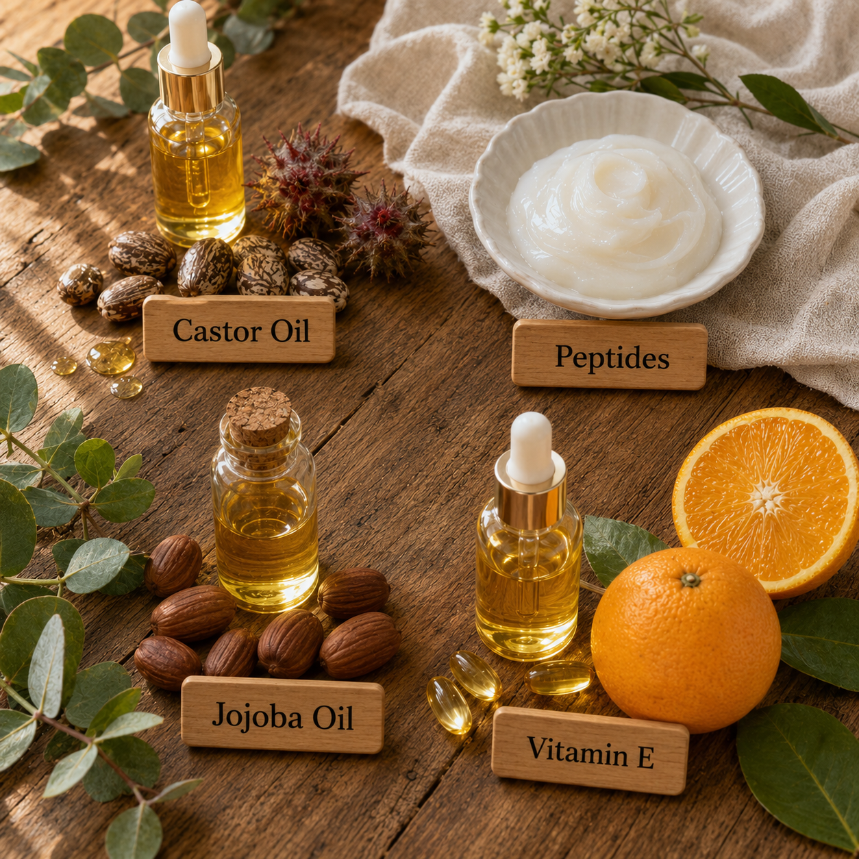 A flat lay of skincare ingredients like castor oil, jojoba oil, and vitamin E on a wooden surface.