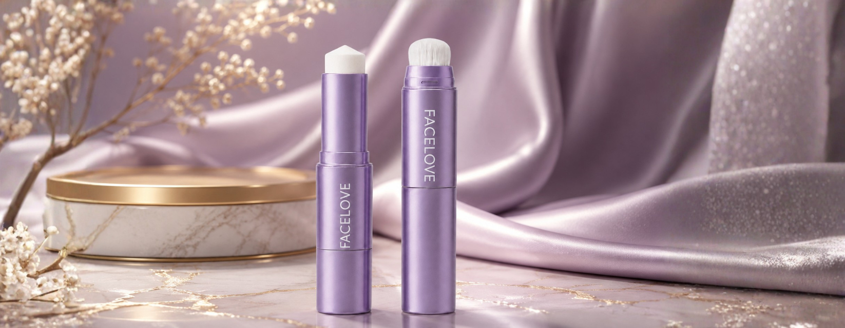 Two purple cosmetic tools, one with a brush, on a marble surface with draped purple fabric and flowers.