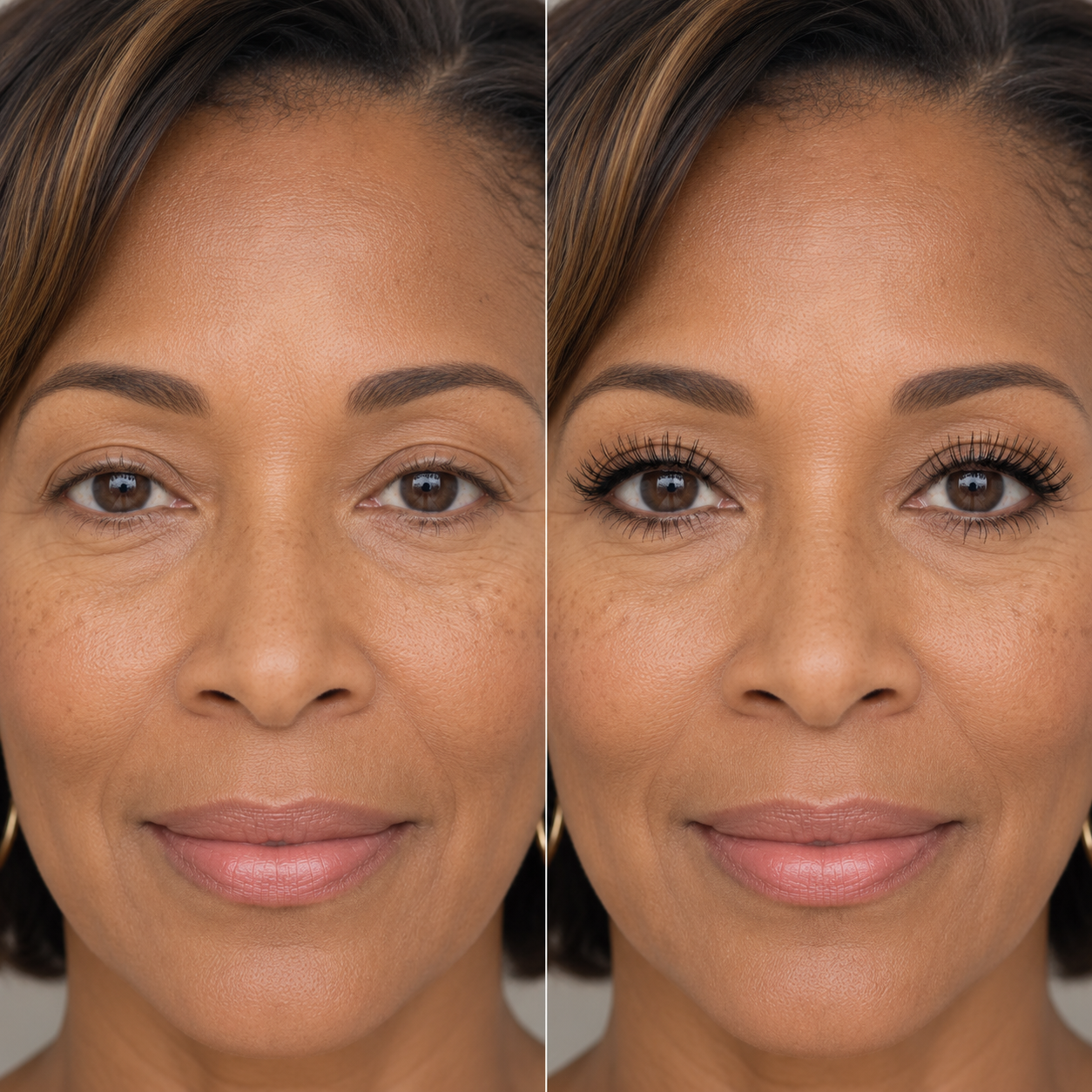 A side-by-side comparison of a woman's face before and after applying false eyelashes.