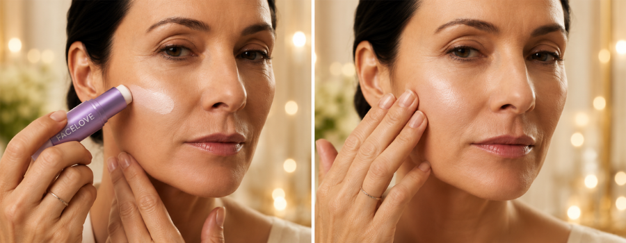 A woman applies a makeup stick to her cheekbone and then blends it in with her fingers.
