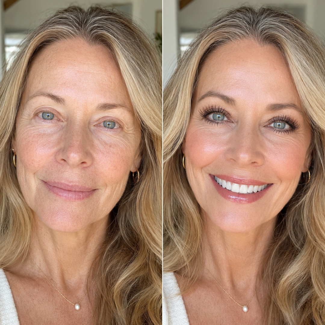 A side-by-side comparison of a woman before and after applying makeup.