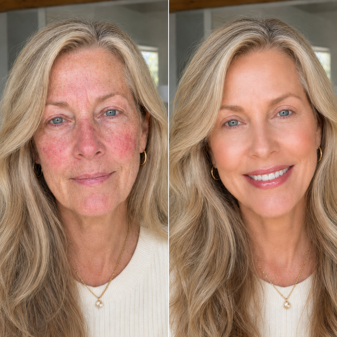 A side-by-side image of a woman's face before and after applying makeup to cover skin redness.