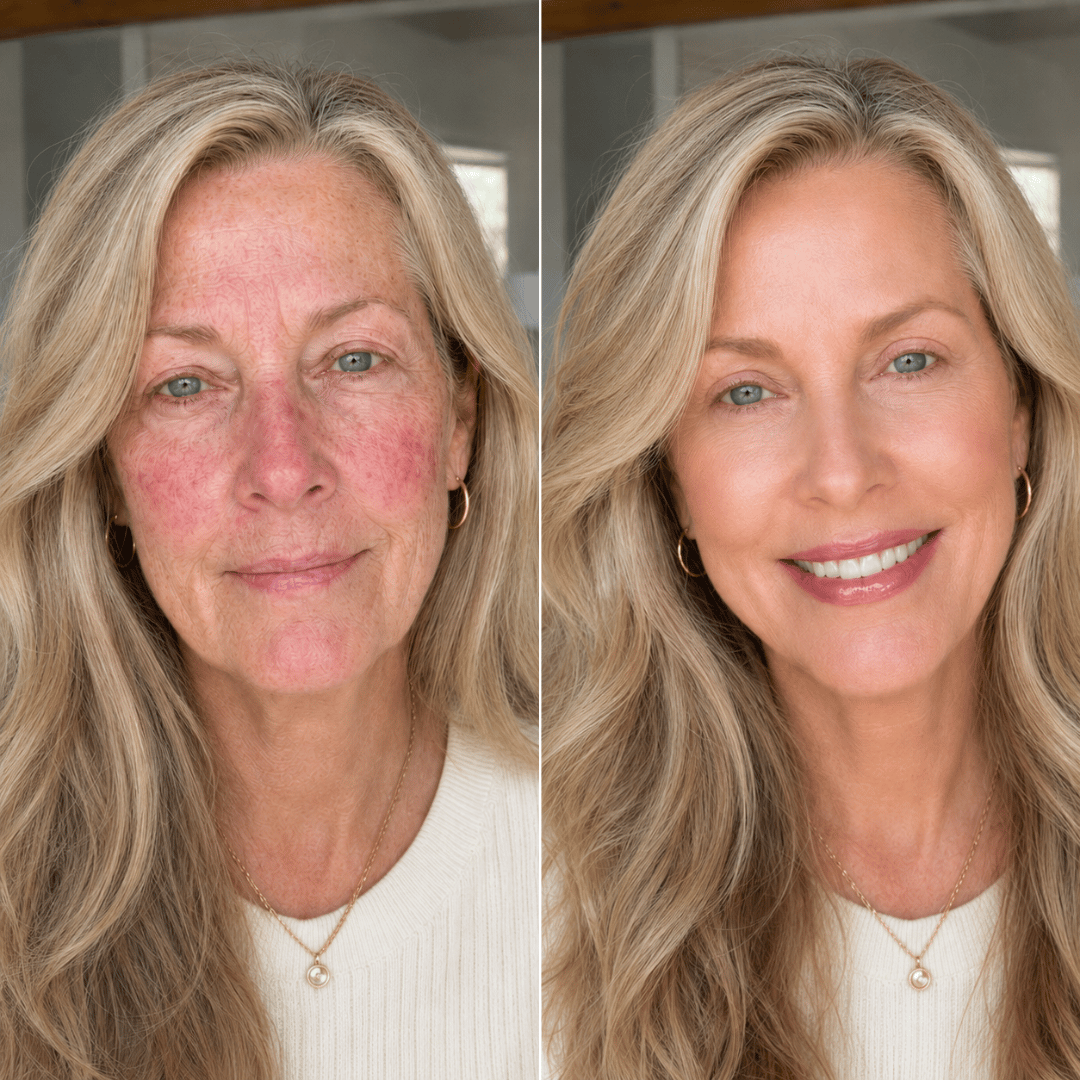 Before and after makeup comparison showing reduced-looking redness