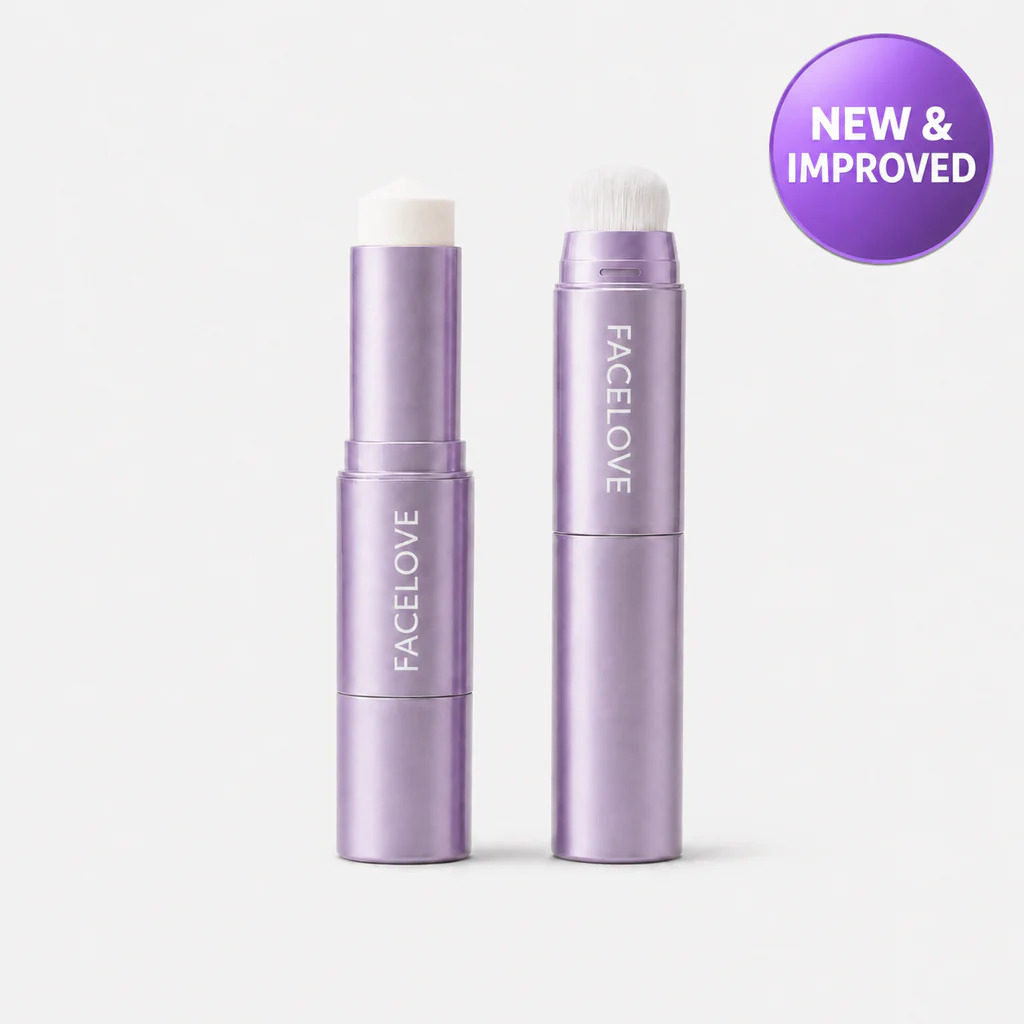 Two purple tubes of Facelove makeup, one a solid stick and the other a brush applicator.