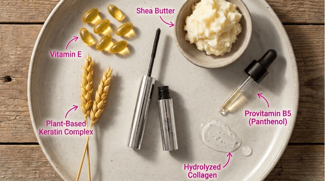A flat lay of mascara on a plate surrounded by its ingredients, which are labeled with text.