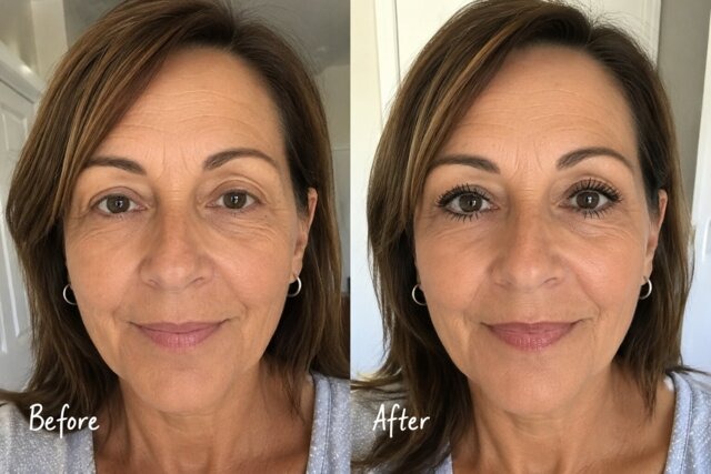 A before-and-after image of a woman's face showing the effect of wearing mascara.