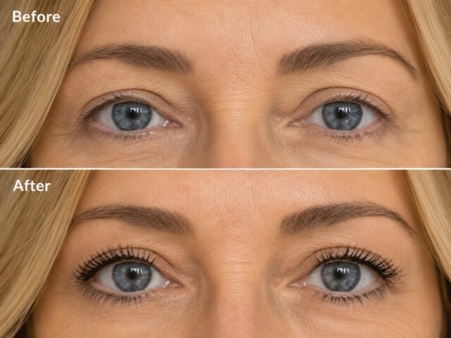 Before and after photos of a woman's eyes, showing an increase in eyelash length and volume.