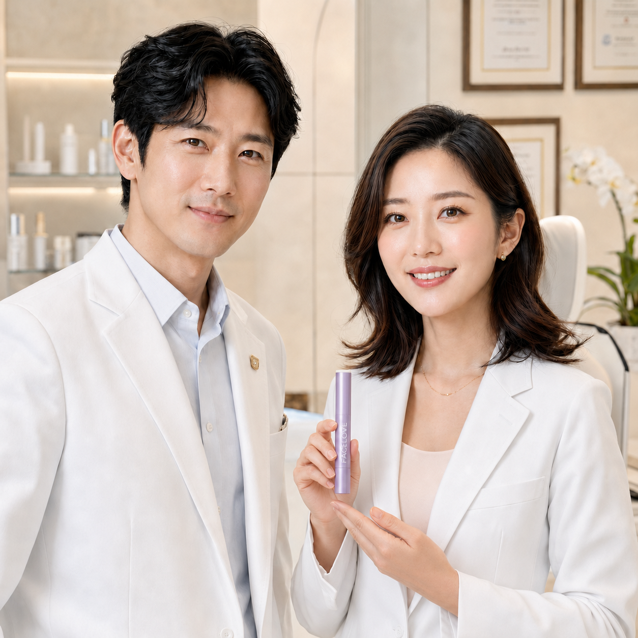 A man and a woman in white jackets stand in a professional setting, with the woman holding a cosmetic product.