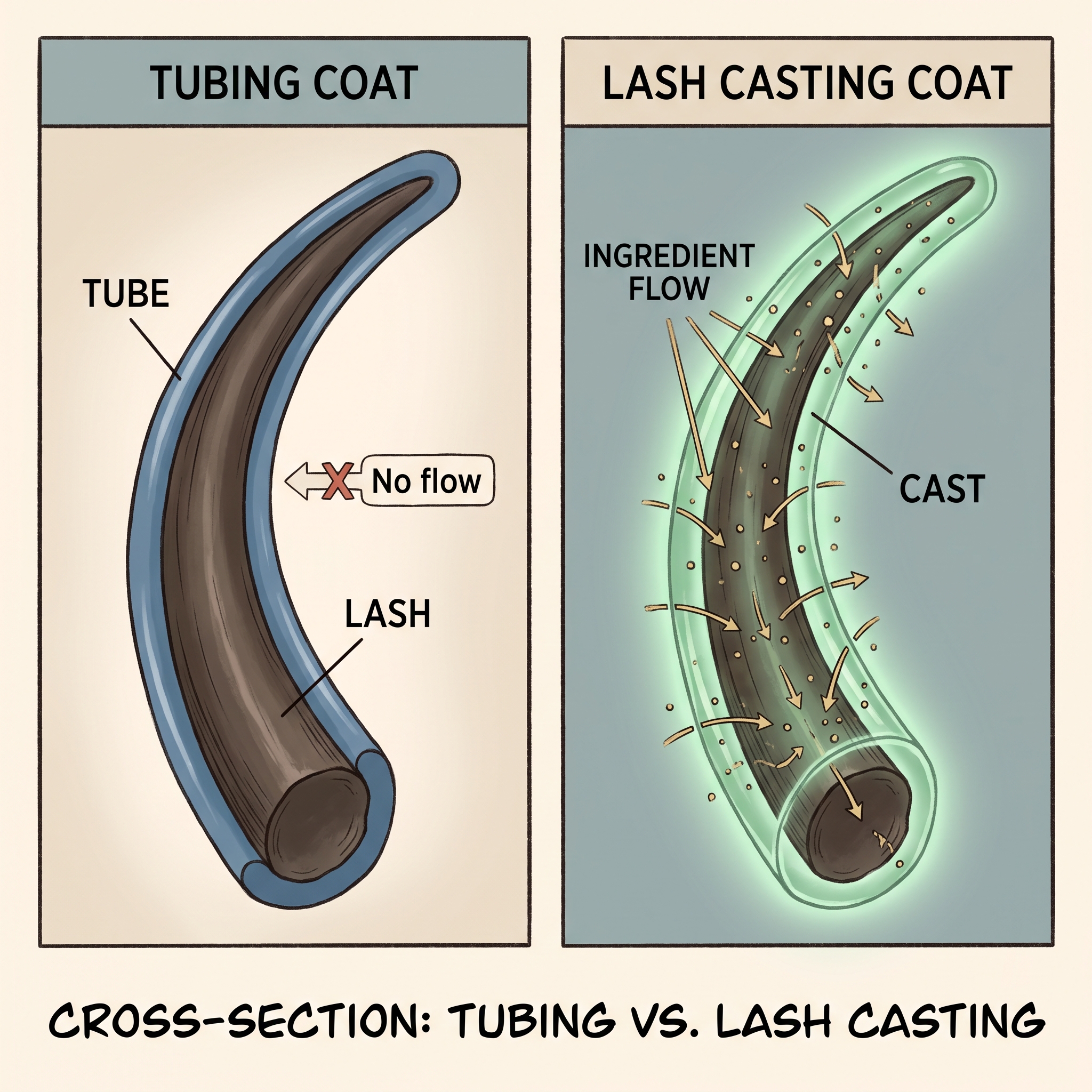 An illustration comparing the cross-section of a tubing coat versus a lash casting coat on an eyelash.